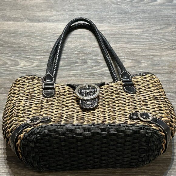 Brighton Debbie Black Tan Woven Leather Shoulder Bag Braided Handles Preppy - Picture 3 of 12